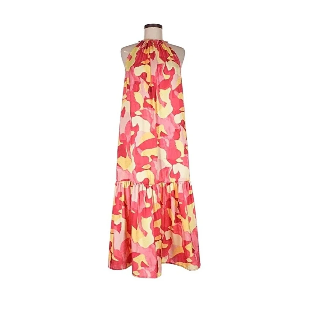 MING WANG Maxi Dress Size M Pink Yellow Camo Halter Sleeveless Vacation